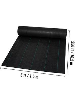 VEVOR weed barrier fabric roll, 5ft by 250ft with linear texture, black with green stripes.