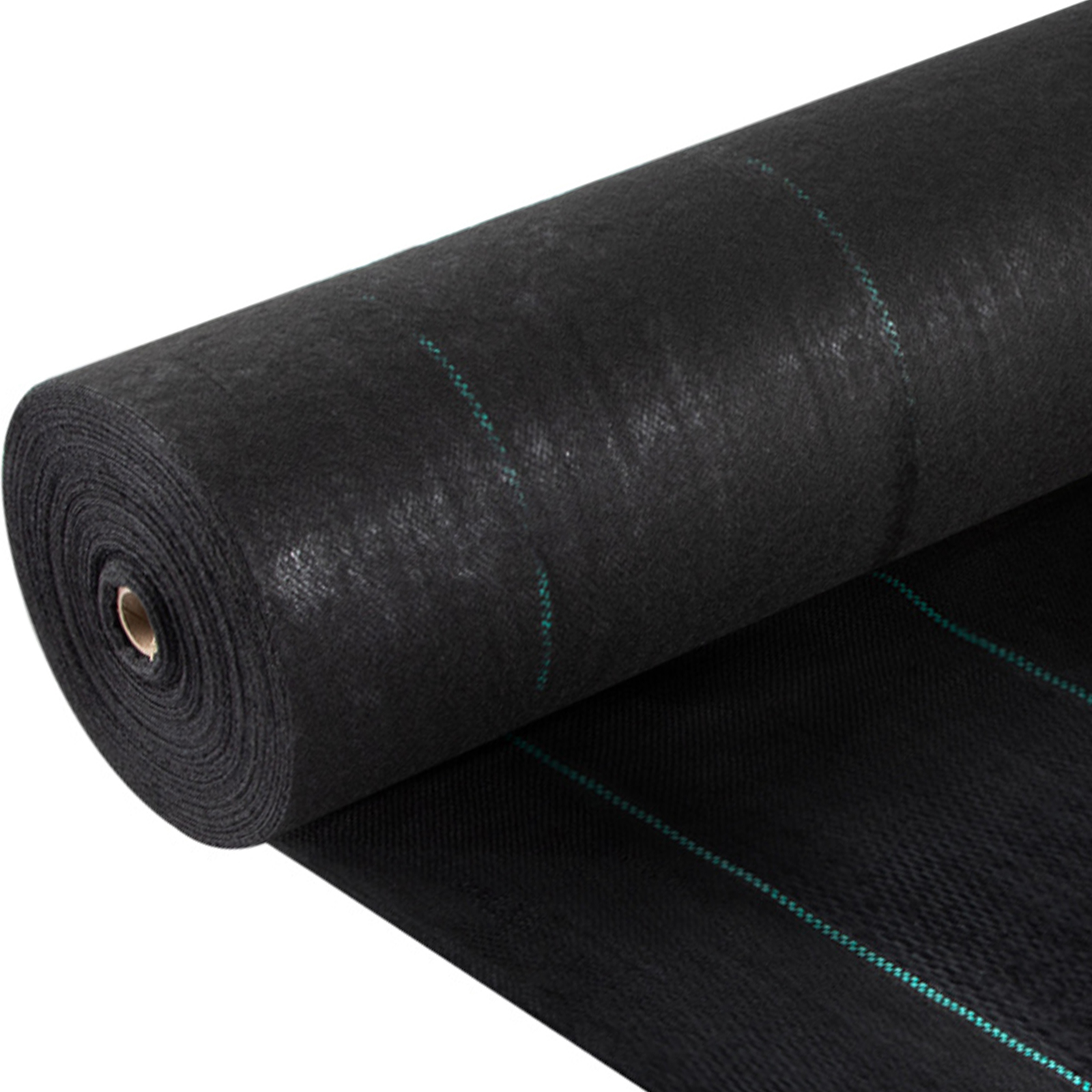 roll of black VEVOR weed barrier fabric with green lines for garden use.