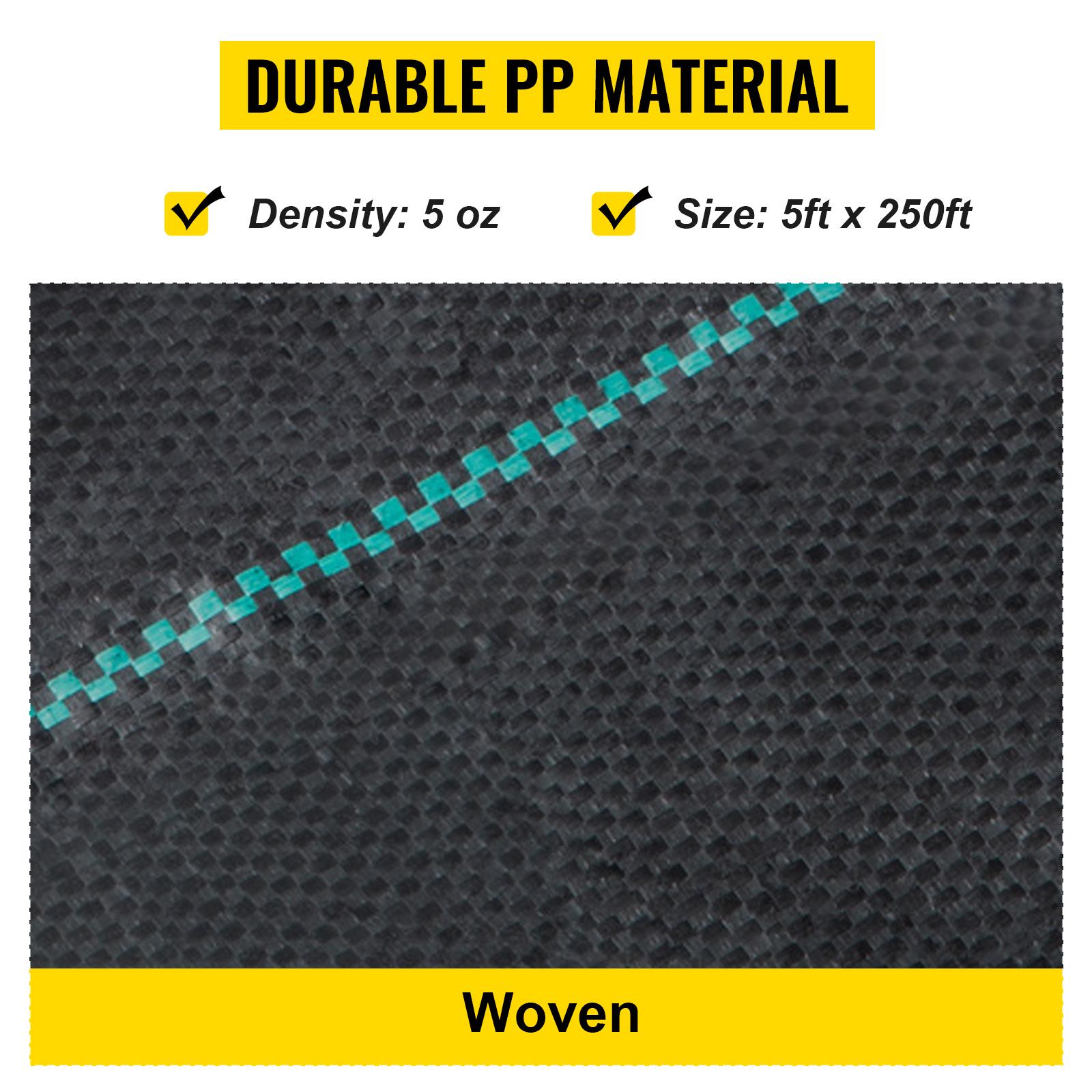 durable pp woven VEVOR weed barrier fabric, 5ft x 250ft, 5 oz density, black with green stripe.