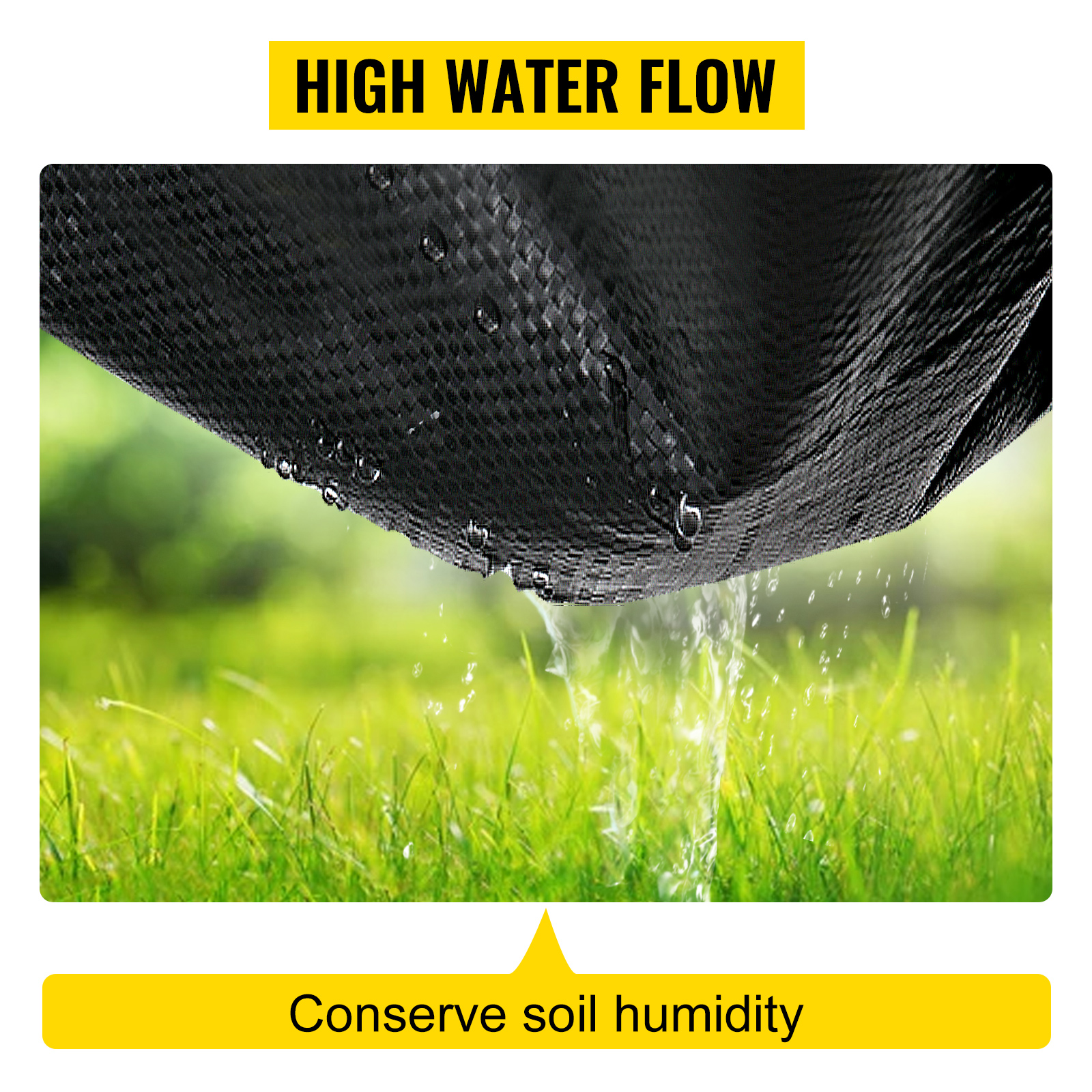 VEVOR weed barrier fabric allowing high water flow to conserve soil humidity in a green lawn.