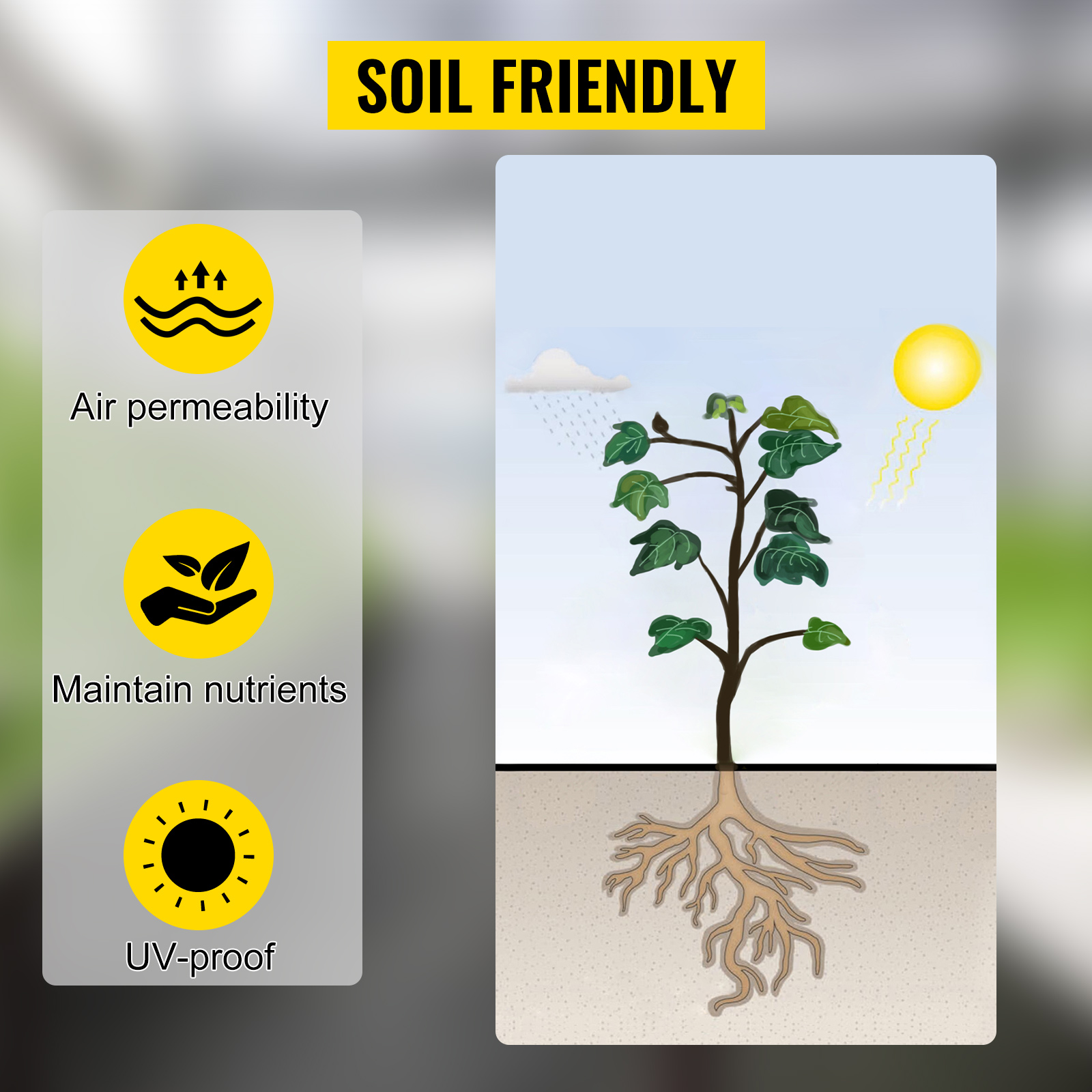 soil-friendly VEVOR weed barrier fabric with air permeability, nutrient maintenance, and uv-proof.