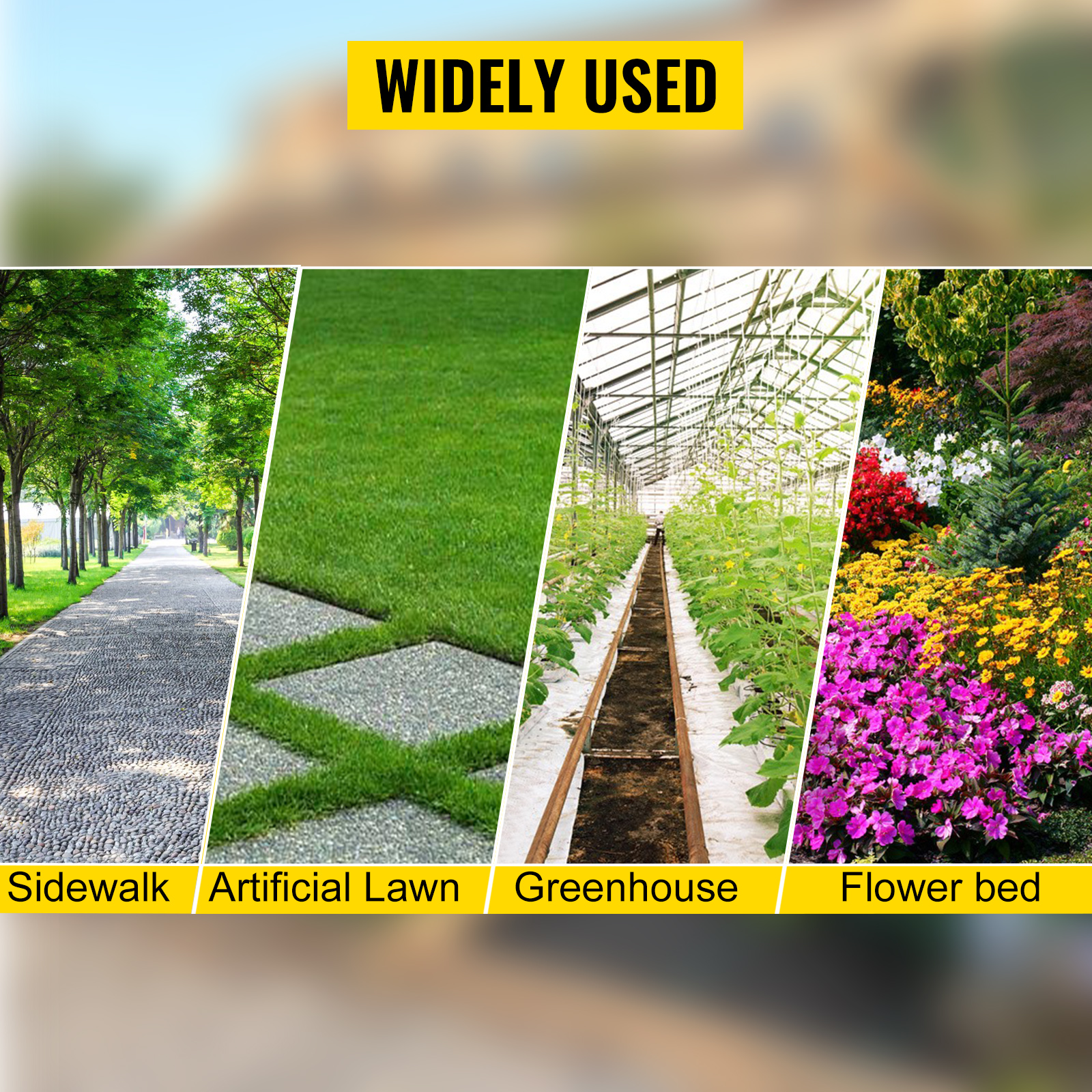 widely used VEVOR weed barrier fabric for sidewalks, artificial lawns, greenhouses, and flower beds.