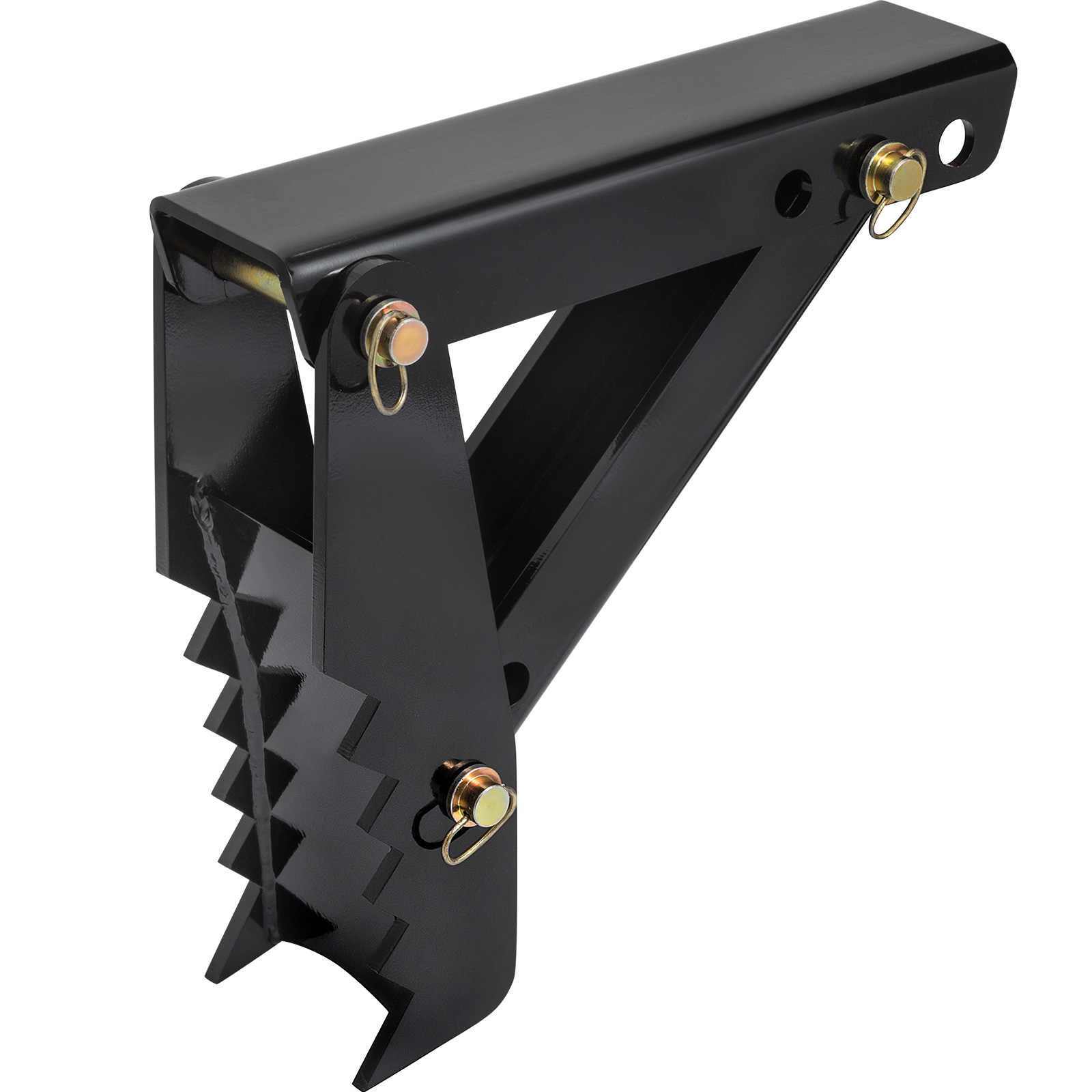black metal VEVOR backhoe thumb with serrated edge and gold locking pins.