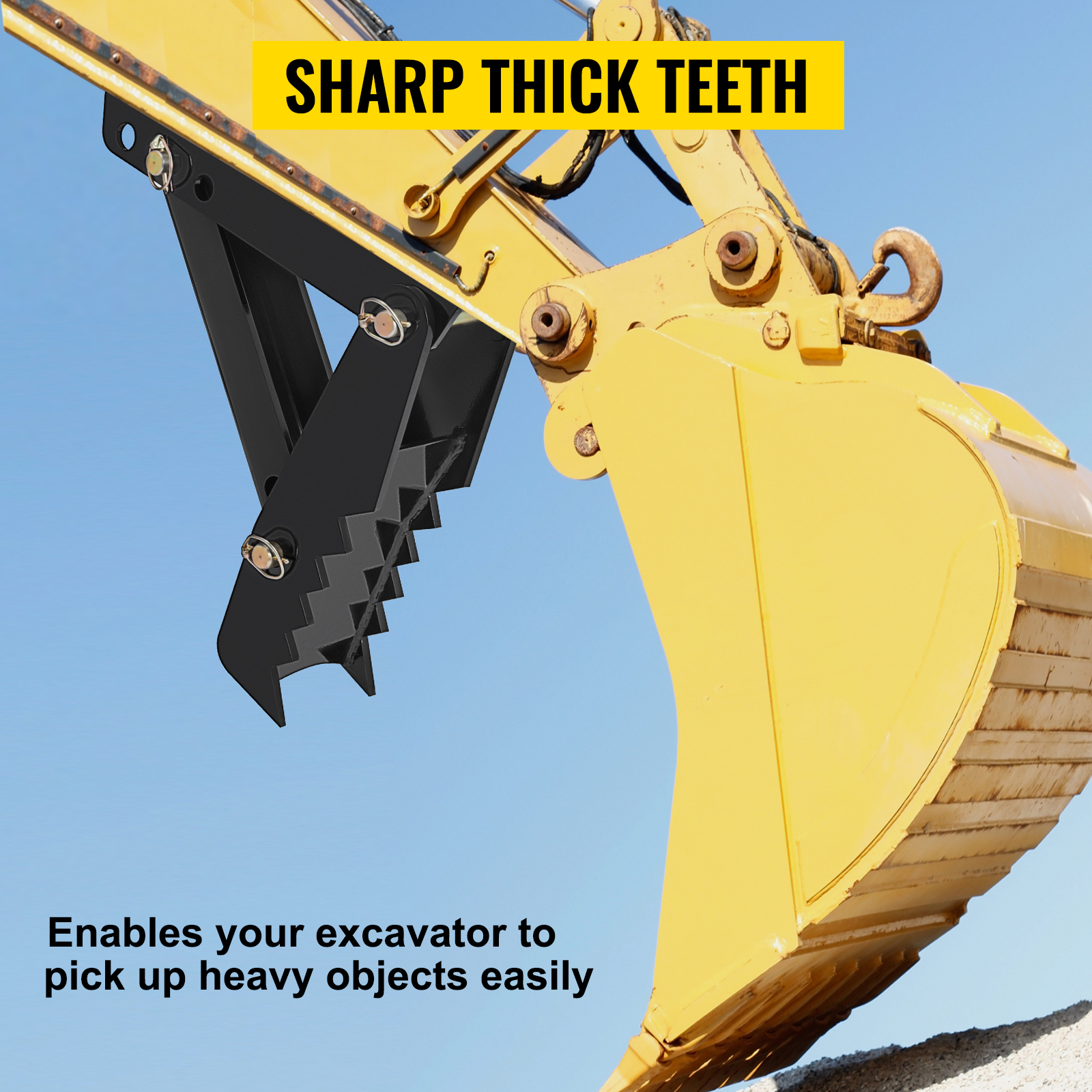 excavator with VEVOR backhoe thumb lifting device against a clear blue sky.