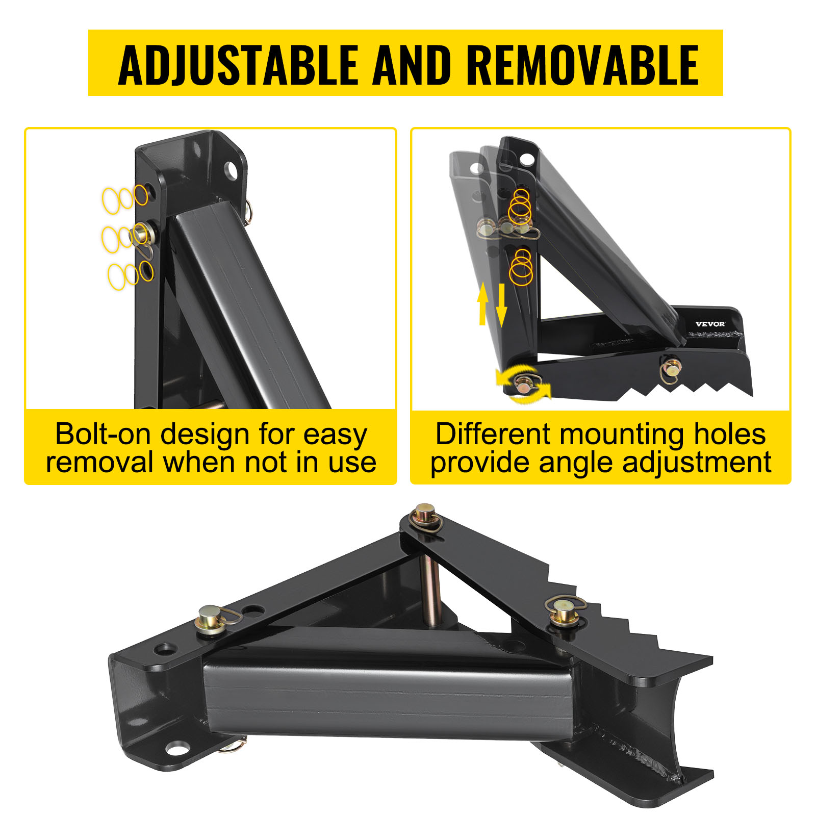 adjustable, removable VEVOR backhoe thumb with bolt-on design and angle adjustment holes.