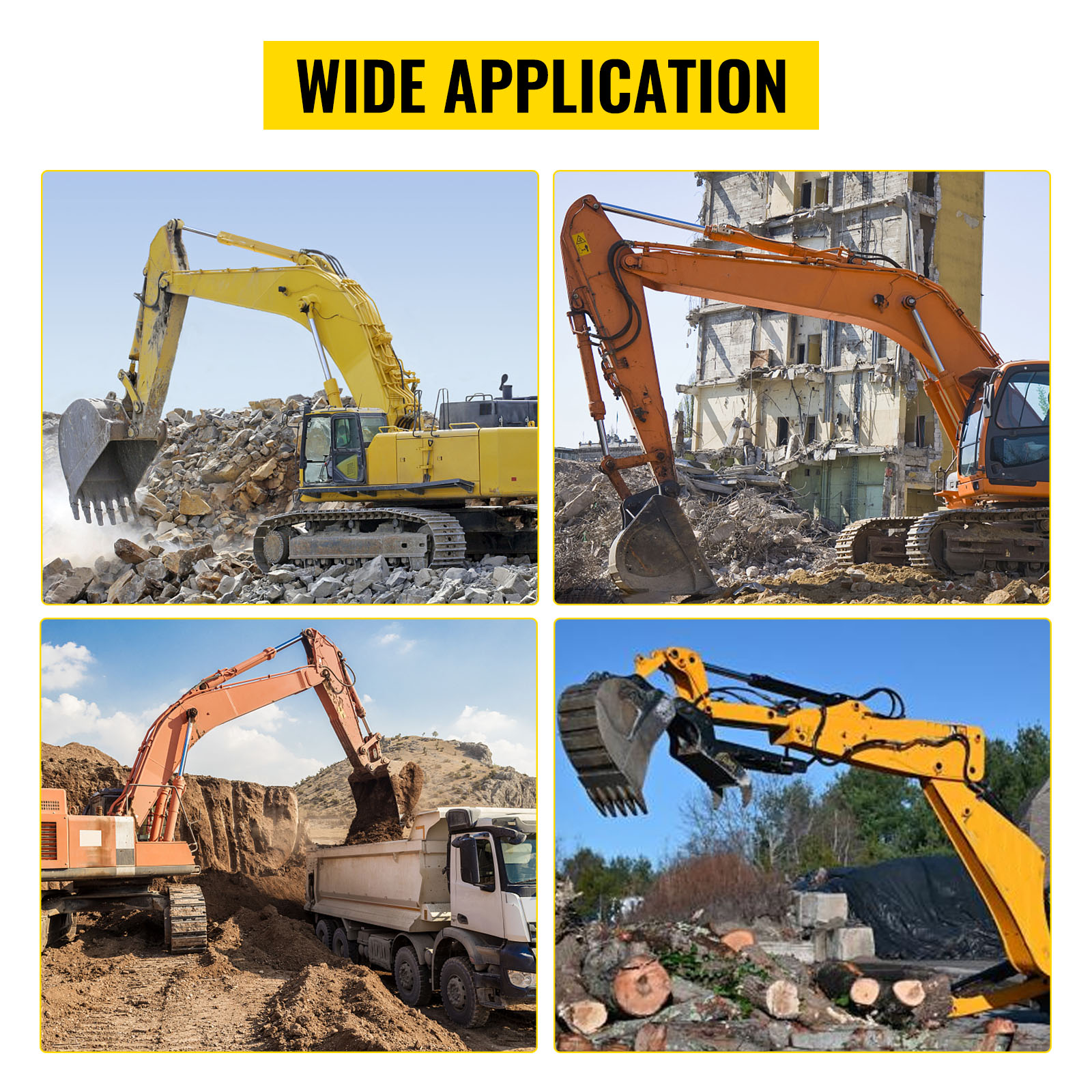 excavators using VEVOR backhoe thumb for demolition and construction tasks.