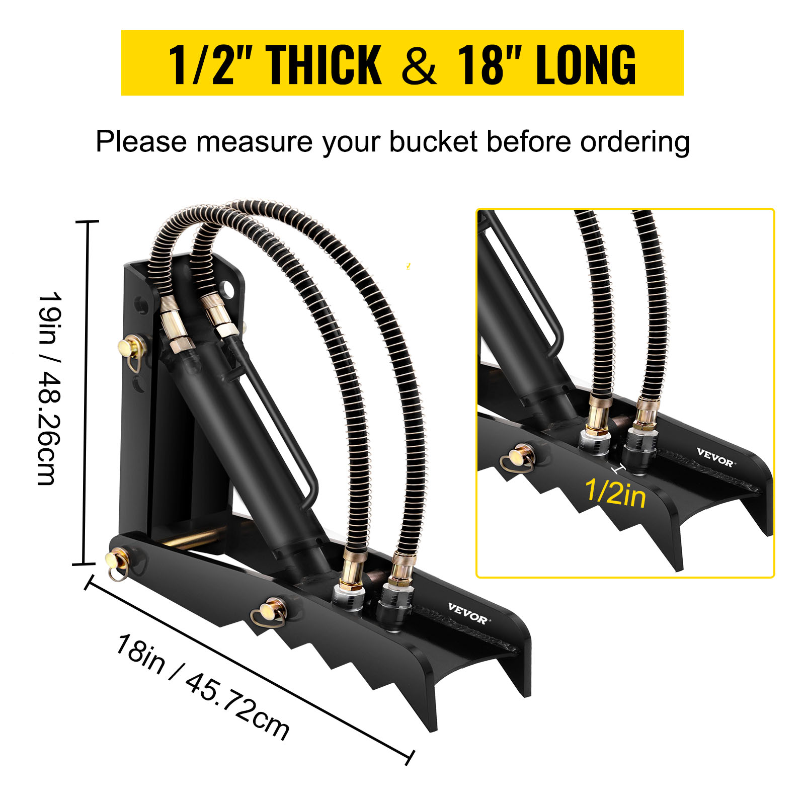 VEVOR hydraulic backhoe thumb, 1/2 inch thick, 18 inches long, 19 inches tall.