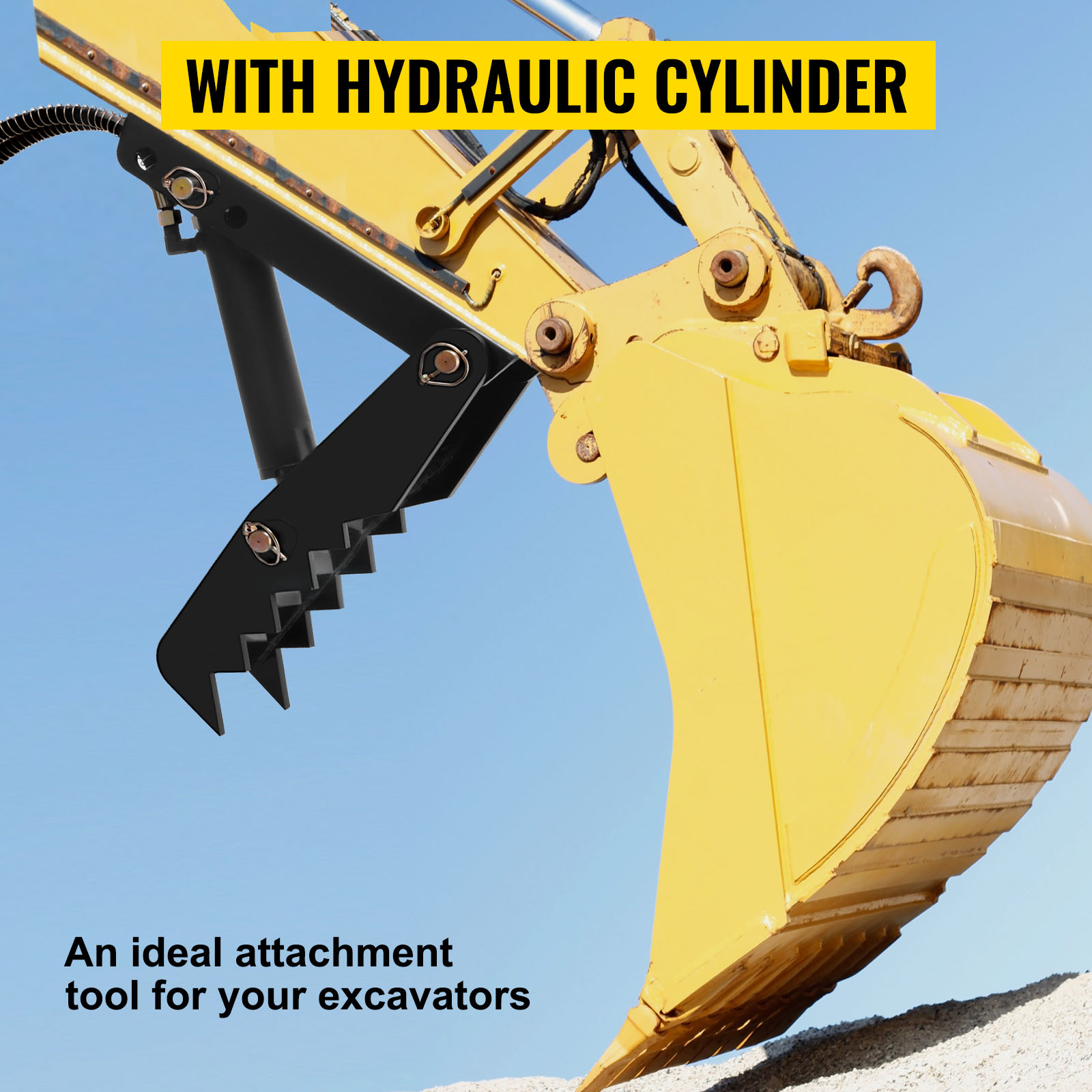 excavator bucket fitted with VEVOR hydraulic backhoe thumb under blue sky.