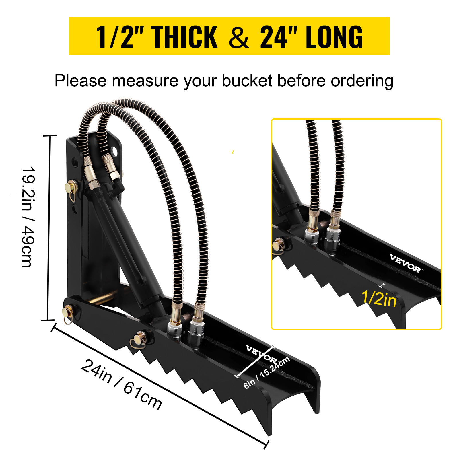 VEVOR hydraulic backhoe thumb attachments, 1/2" thick and 24" long with measurements.