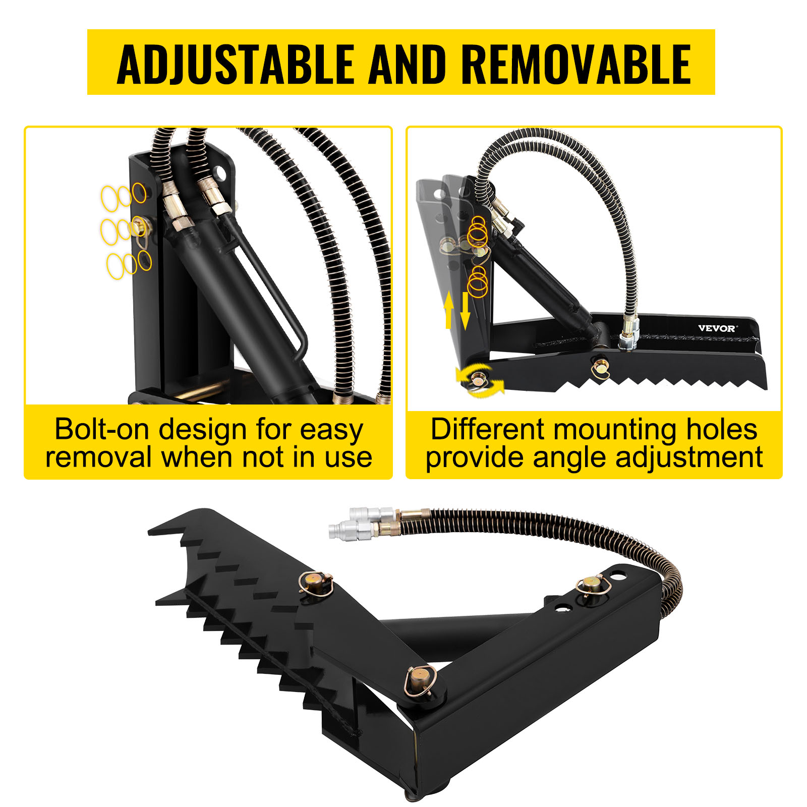VEVOR hydraulic backhoe thumb attachments with adjustable and removable features.
