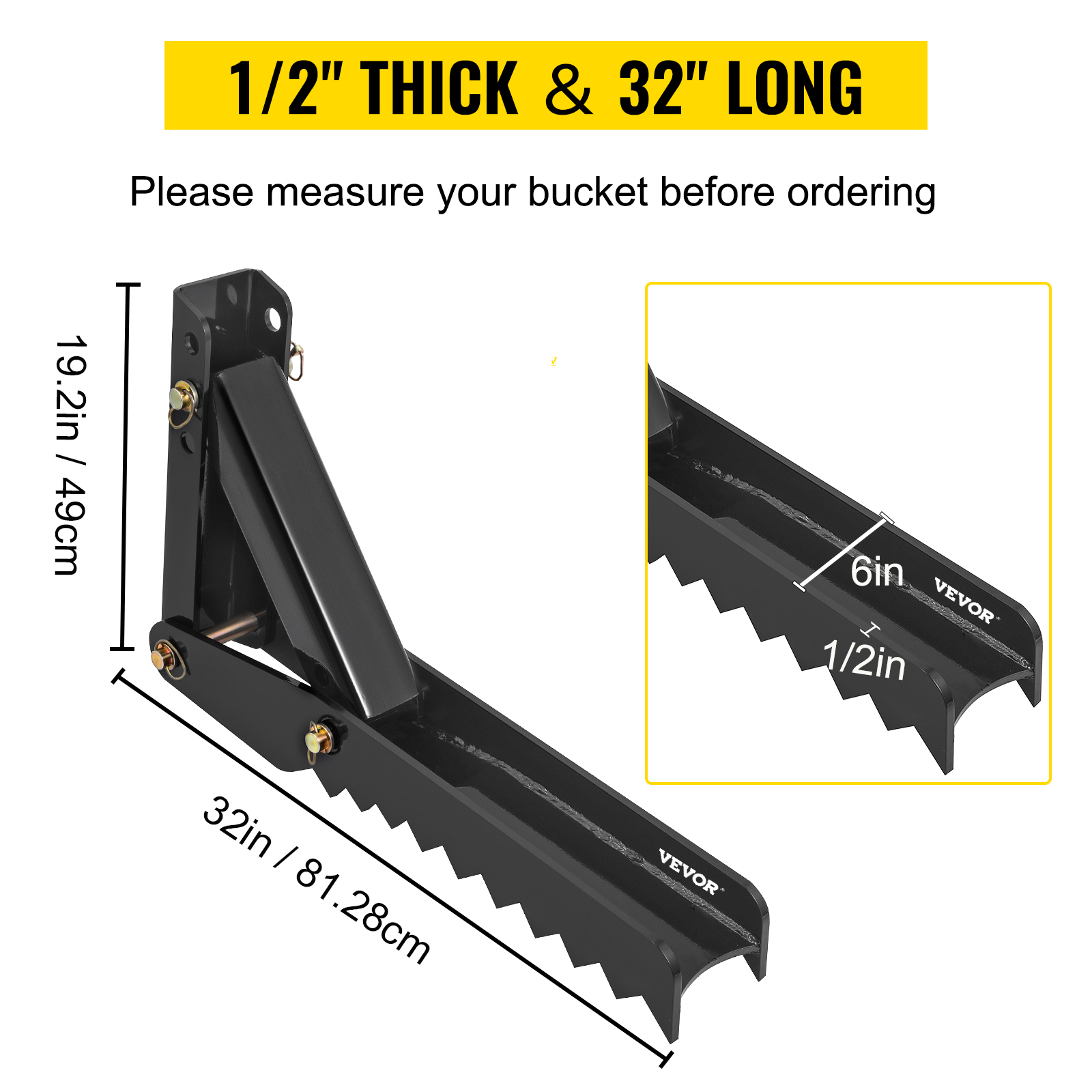 VEVOR excavator thumb attachment, 1/2" thick, 32" long, 19.2" high, 6" wide.