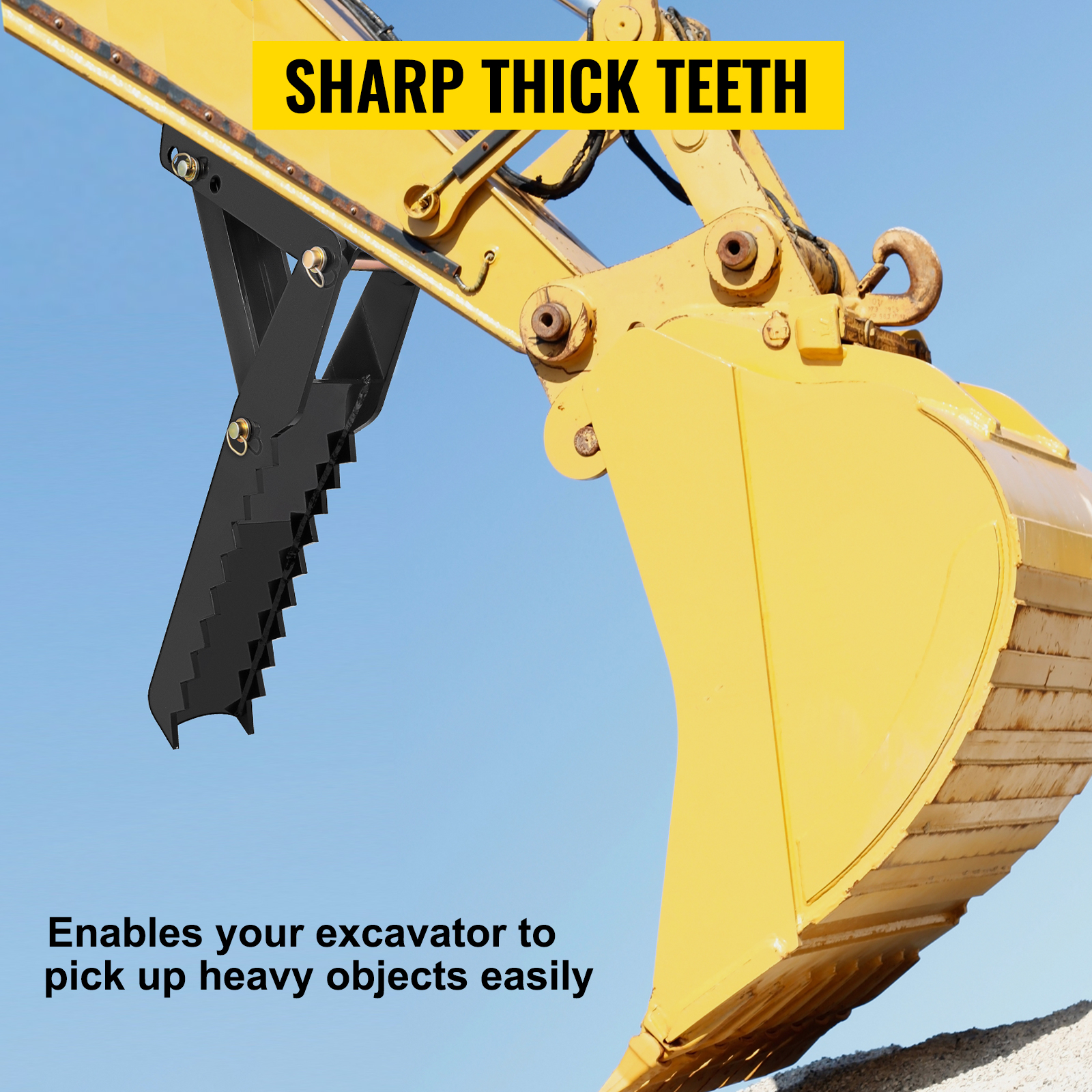 yellow excavator with VEVOR excavator thumb attachment and sharp teeth against blue sky.
