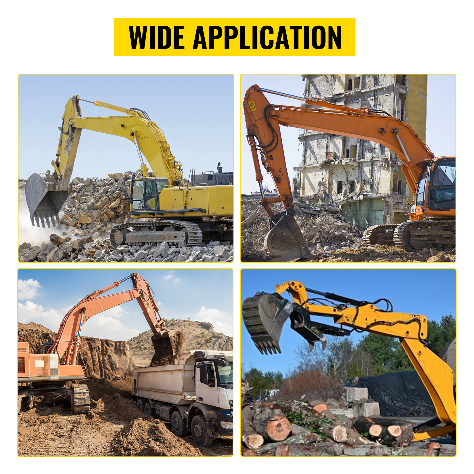 excavators using VEVOR excavator thumb attachment for demolition, construction, and moving logs.