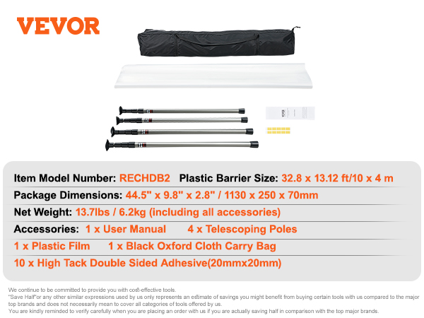 VEVOR dust barrier poles kit with telescoping poles, plastic film, carry bag, and accessories inside.