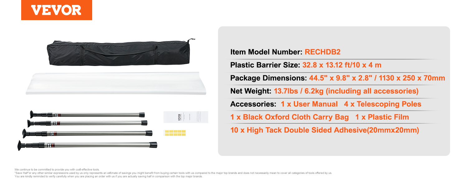 VEVOR dust barrier poles kit with telescoping poles, plastic film, carry bag, and accessories inside.