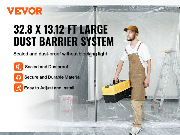 VEVOR dust barrier poles for a 32.8 x 13.12 ft large dust barrier system, sealed and easy to install.