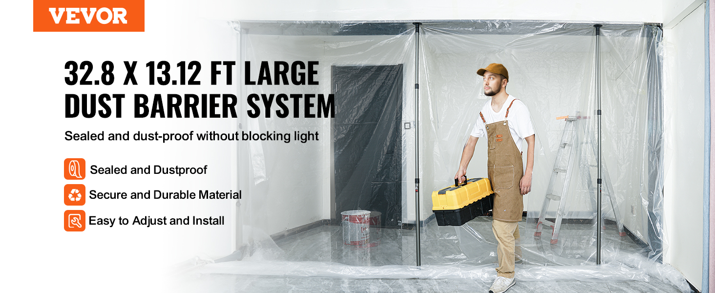 VEVOR dust barrier poles for a 32.8 x 13.12 ft large dust barrier system, sealed and easy to install.