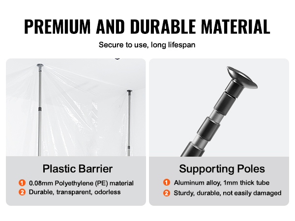 VEVOR dust barrier poles with pe plastic barrier and durable aluminum alloy poles. secure and long-lasting.