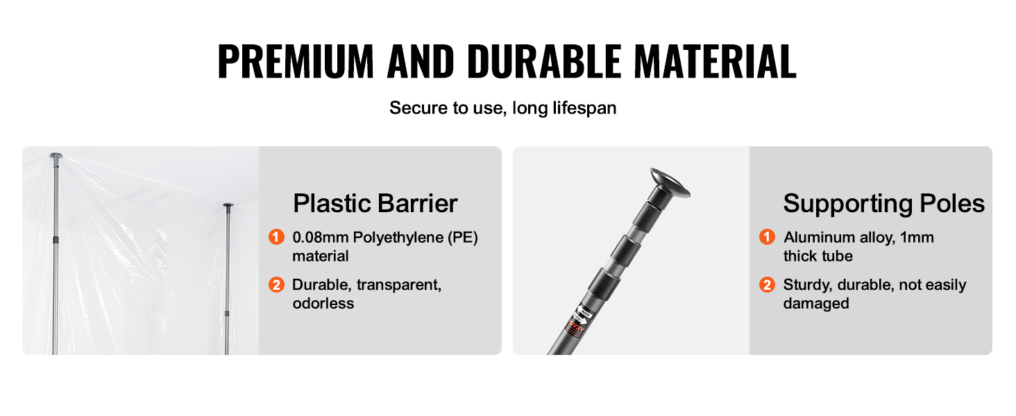 VEVOR dust barrier poles with pe plastic barrier and durable aluminum alloy poles. secure and long-lasting.