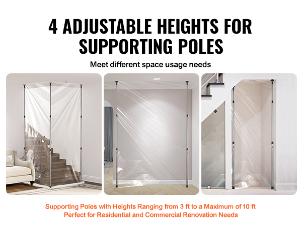 4 adjustable VEVOR dust barrier poles in various residential rooms. ideal for renovation.