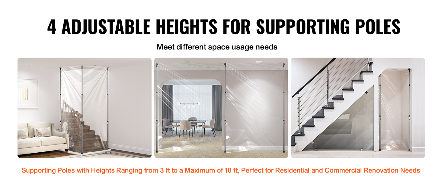 4 adjustable VEVOR dust barrier poles in various residential rooms. ideal for renovation.