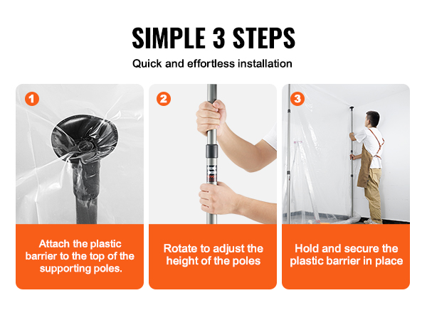 simple 3-step guide to install VEVOR dust barrier poles: attach, adjust height, and secure barrier in place.
