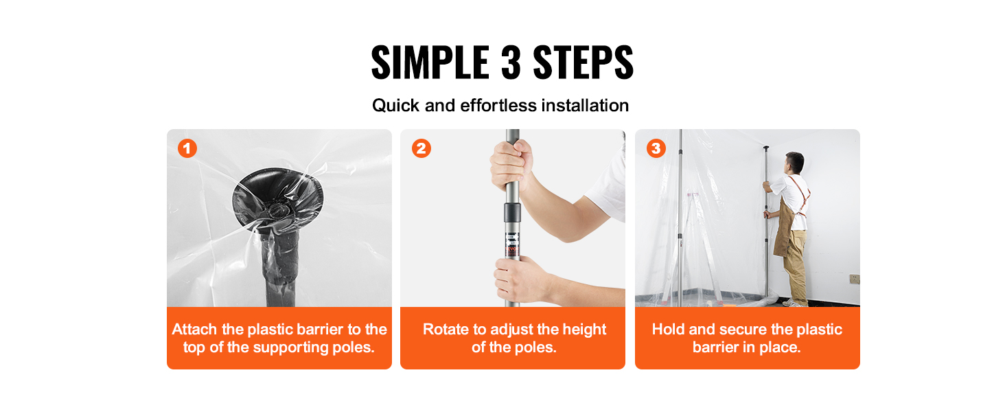 simple 3-step guide to install VEVOR dust barrier poles: attach, adjust height, and secure barrier in place.