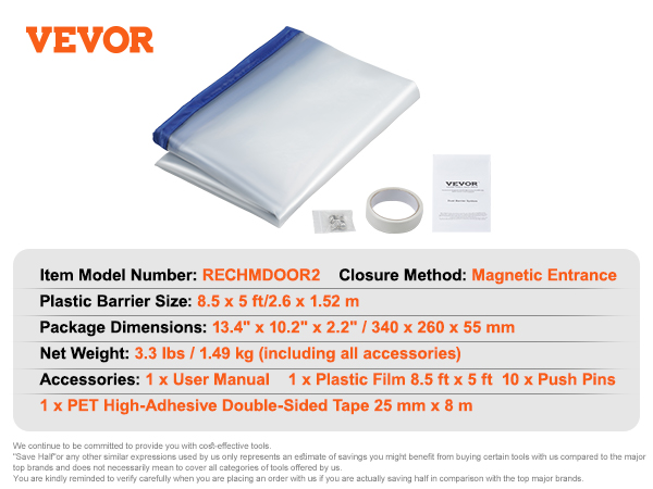 VEVOR dust barrier door kit with magnetic entrance, plastic film, push pins, and high-adhesive tape.