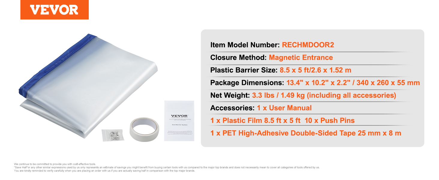 VEVOR dust barrier door kit with magnetic entrance, plastic film, push pins, and high-adhesive tape.