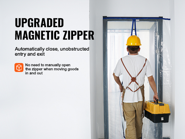worker with hard hat using VEVOR dust barrier door kit with upgraded magnetic zipper for easy access.