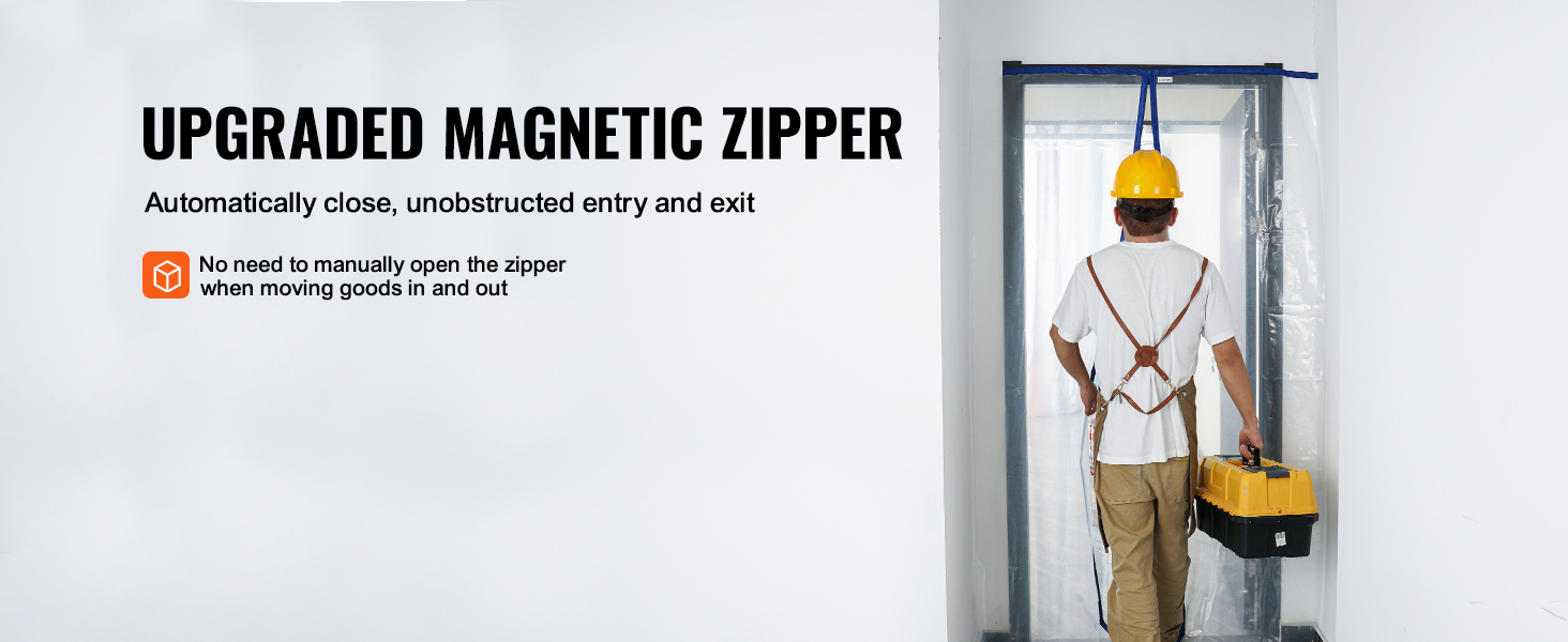 worker with hard hat using VEVOR dust barrier door kit with upgraded magnetic zipper for easy access.