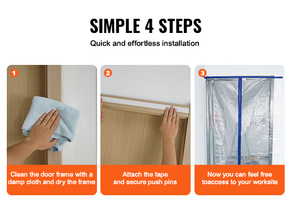 simple 3-step installation guide for VEVOR dust barrier door kit. clean, attach, and access easily.