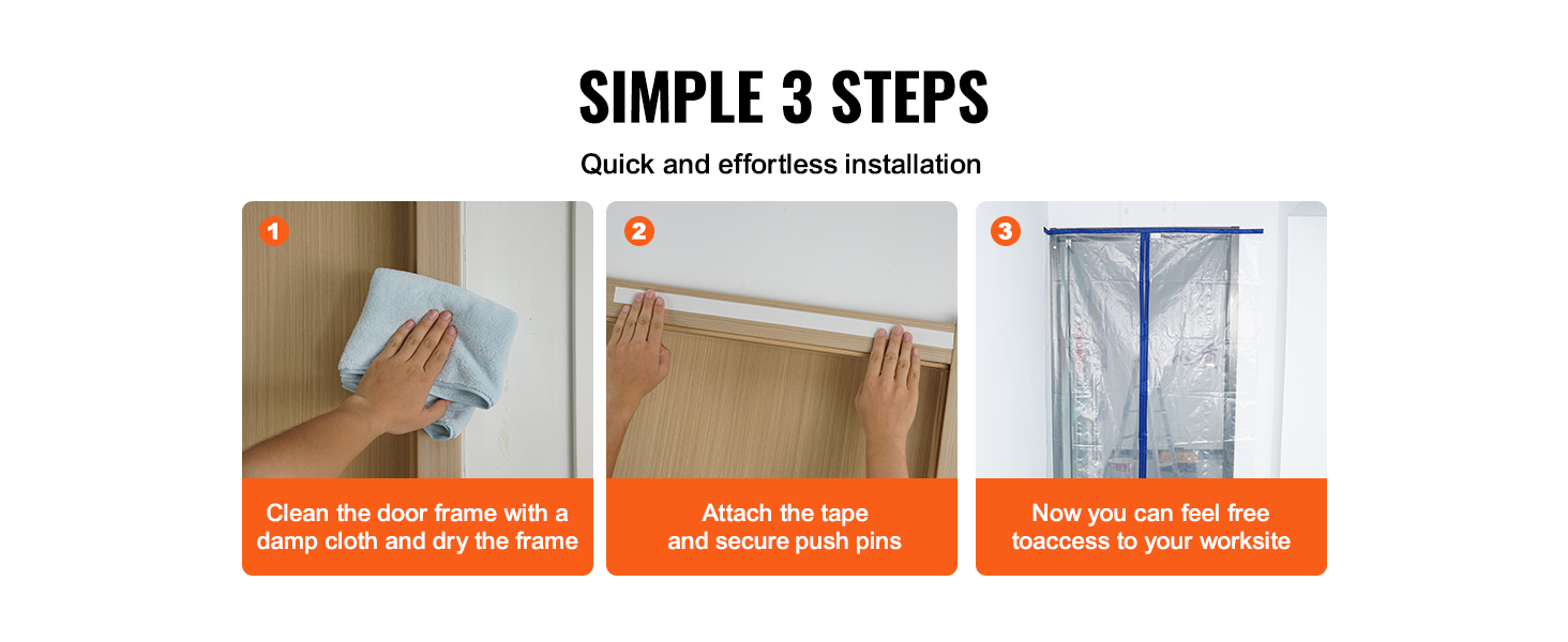 simple 3-step installation guide for VEVOR dust barrier door kit. clean, attach, and access easily.