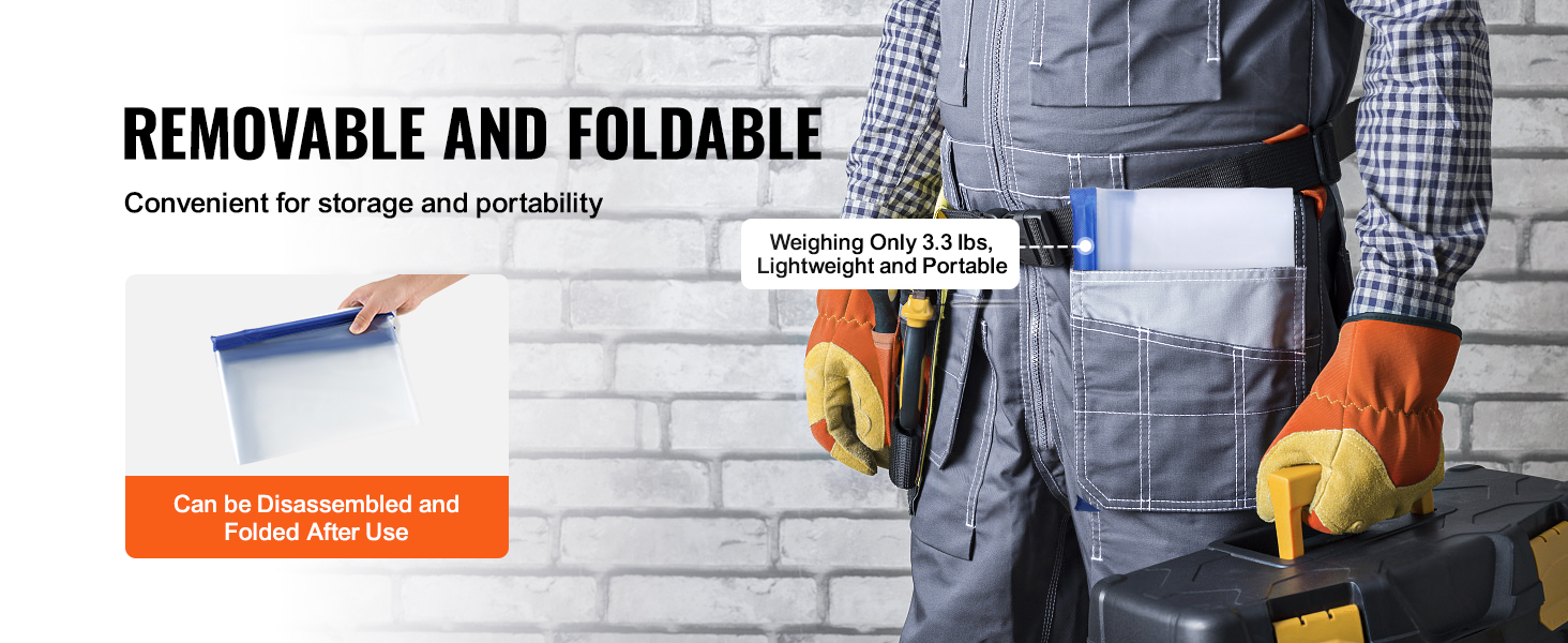 worker holding a VEVOR dust barrier door kit, highlighting its portability and ease of use.