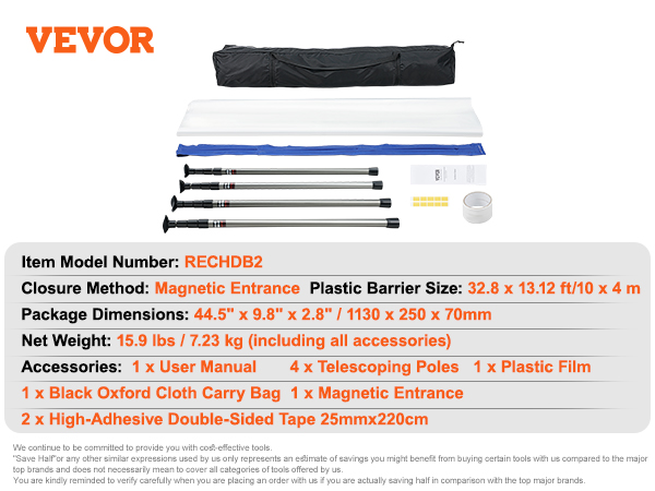 VEVOR dust barrier system, black oxford carry bag, telescoping poles, plastic film, and adhesive tape.