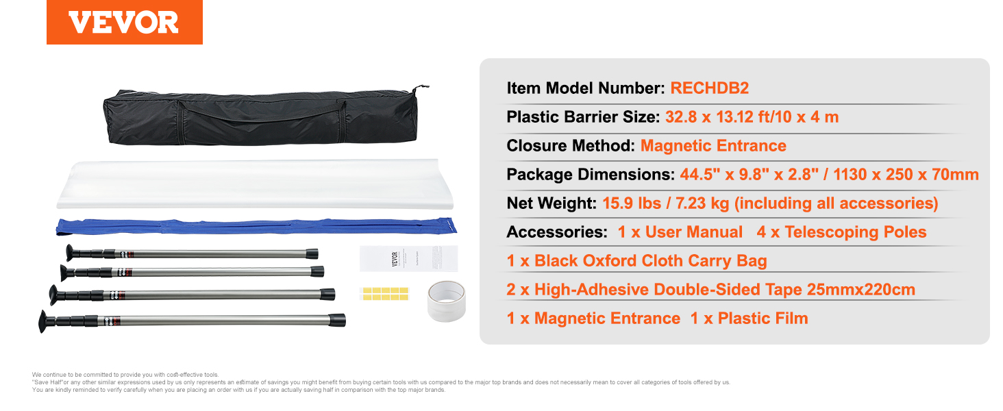 VEVOR dust barrier system, black oxford carry bag, telescoping poles, plastic film, and adhesive tape.