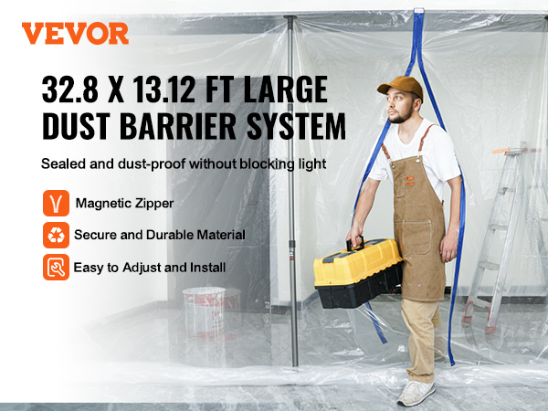 VEVOR dust barrier system with magnetic zipper, secure material, and easy installation setup.
