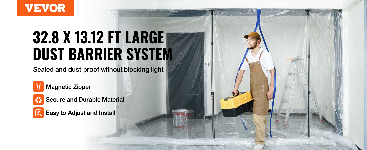 VEVOR dust barrier system with magnetic zipper, secure material, and easy installation setup.