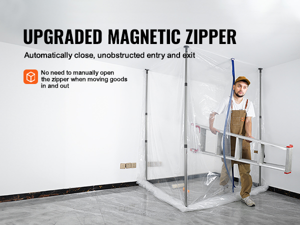 VEVOR dust barrier system with upgraded magnetic zipper allowing easy entry while carrying a ladder.