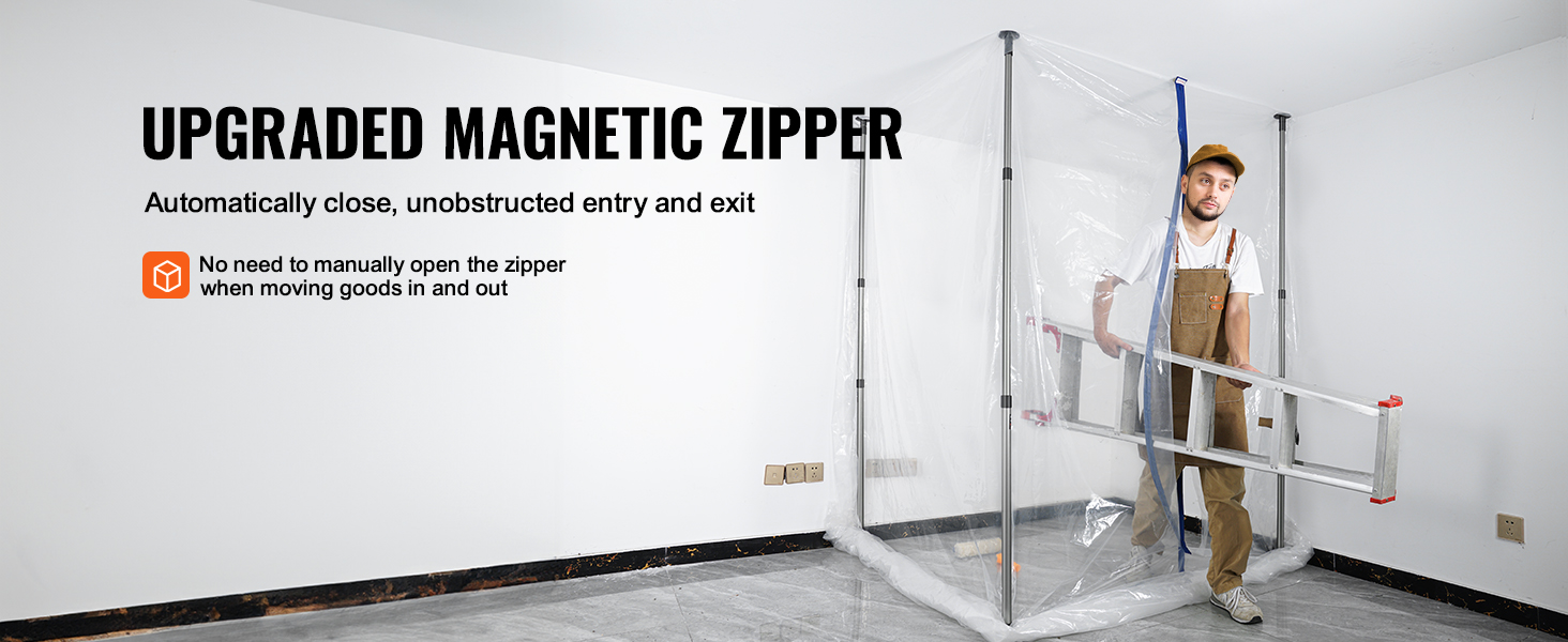 VEVOR dust barrier system with upgraded magnetic zipper allowing easy entry while carrying a ladder.