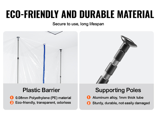eco-friendly and durable VEVOR dust barrier system, featuring pe plastic barrier and aluminum alloy poles.
