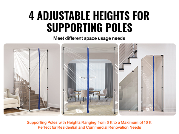 VEVOR dust barrier system with 4 adjustable heights for supporting poles in various room setups.