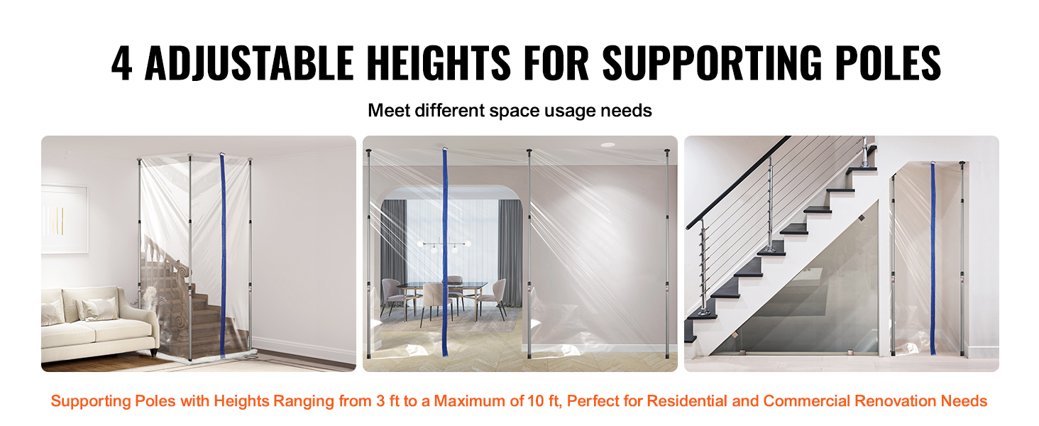 VEVOR dust barrier system with 4 adjustable heights for supporting poles in various room setups.