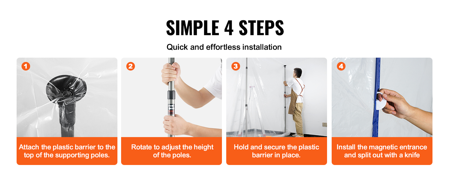 simple 4-step installation of the VEVOR dust barrier system, showcasing attachment, adjustment, and securing.