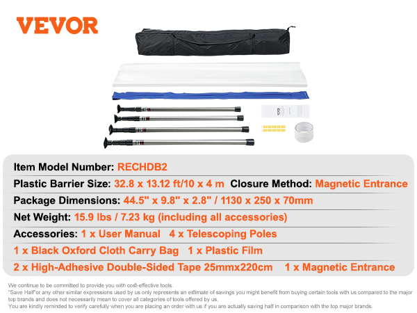 VEVOR dust barrier poles with black carry bag, plastic barrier, magnetic entrance, and accessories.