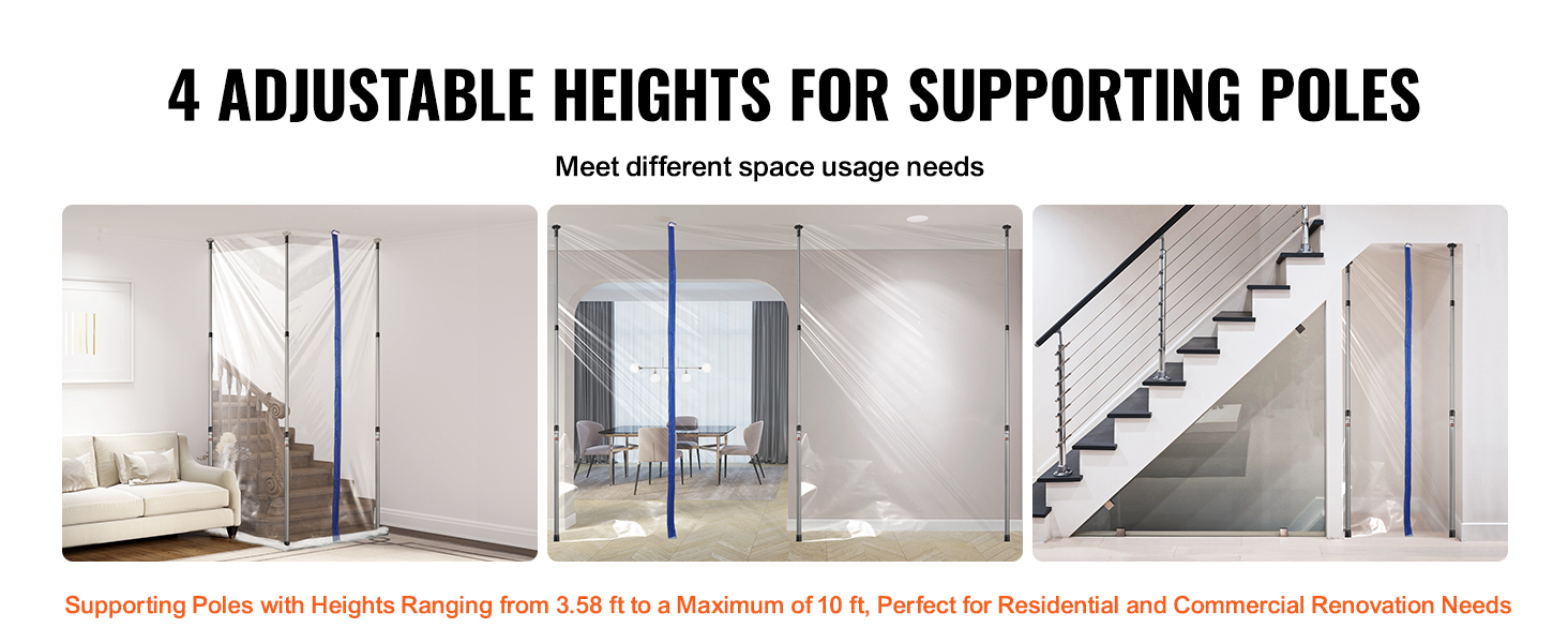 VEVOR dust barrier poles with 4 adjustable heights, ideal for residential and commercial renovations.