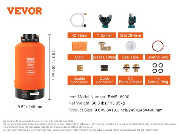 VEVOR rv water softener with 16,000 grains, 42" hose, y splitter, shut off valve, and brass fittings.