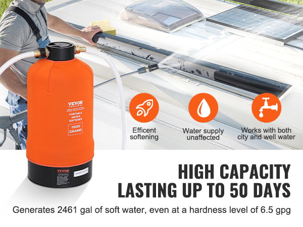 VEVOR rv water softener with 16,000 grains, high capacity up to 50 days, works with city and well water.