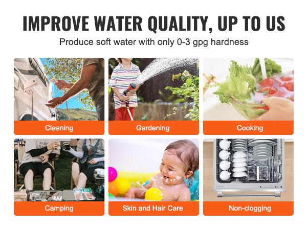 improve water quality with VEVOR rv water softener for cleaning, gardening, cooking, camping, skin care, and non-clogging.