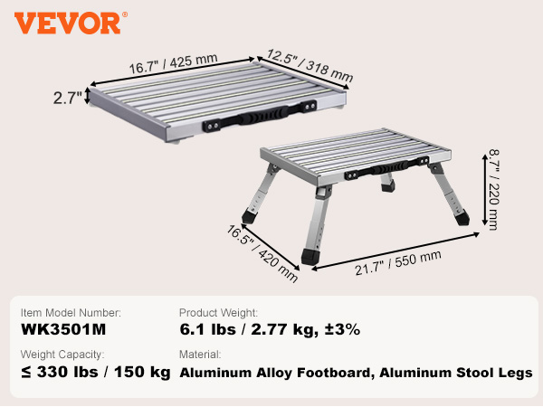 VEVOR rv steps, model wk3501m, 330 lbs capacity, weight 6.1 lbs, adjustable footboard height.